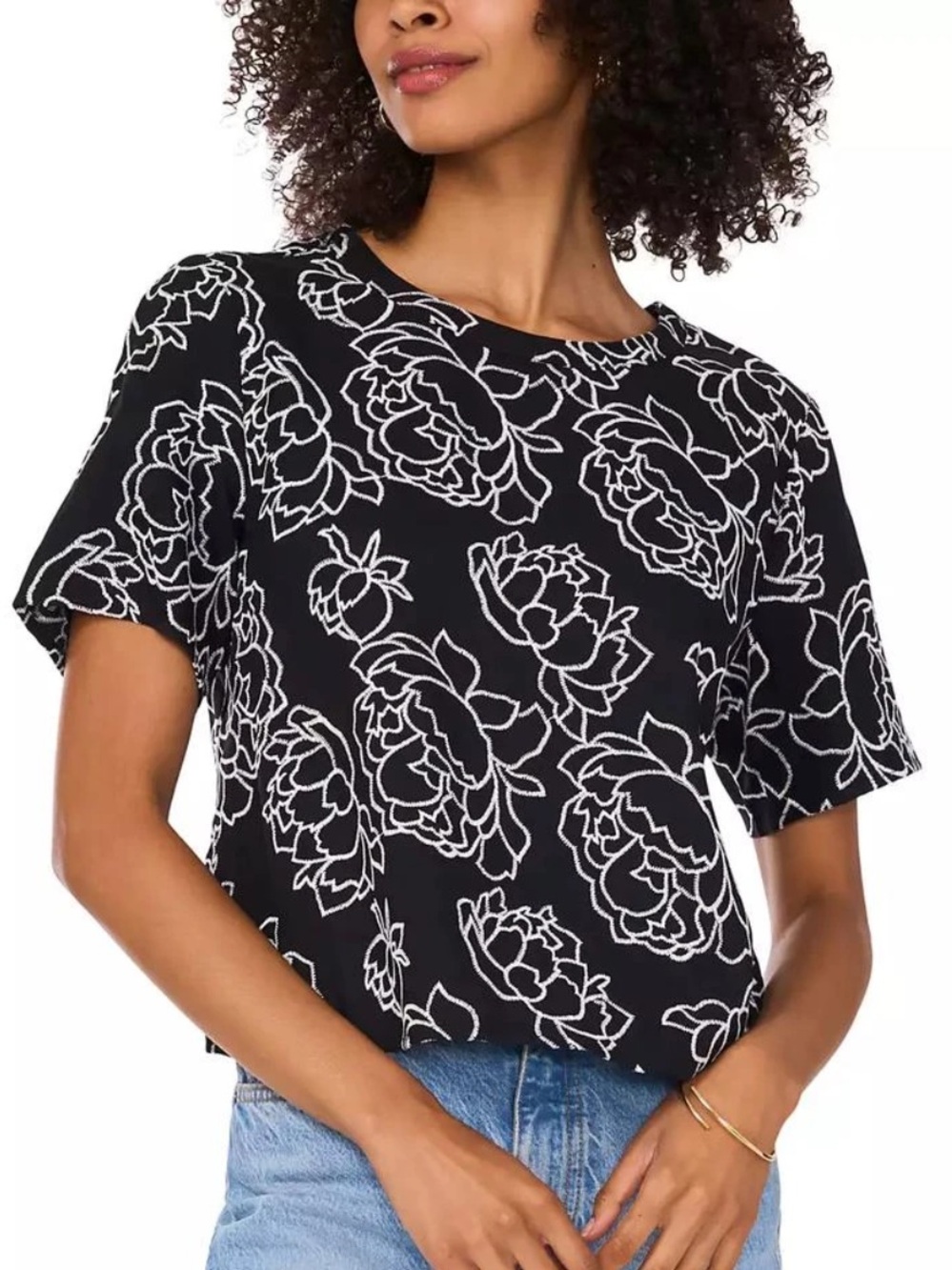 NWT Vince Camuto Crop Blouse Black and White Floral Size: XL